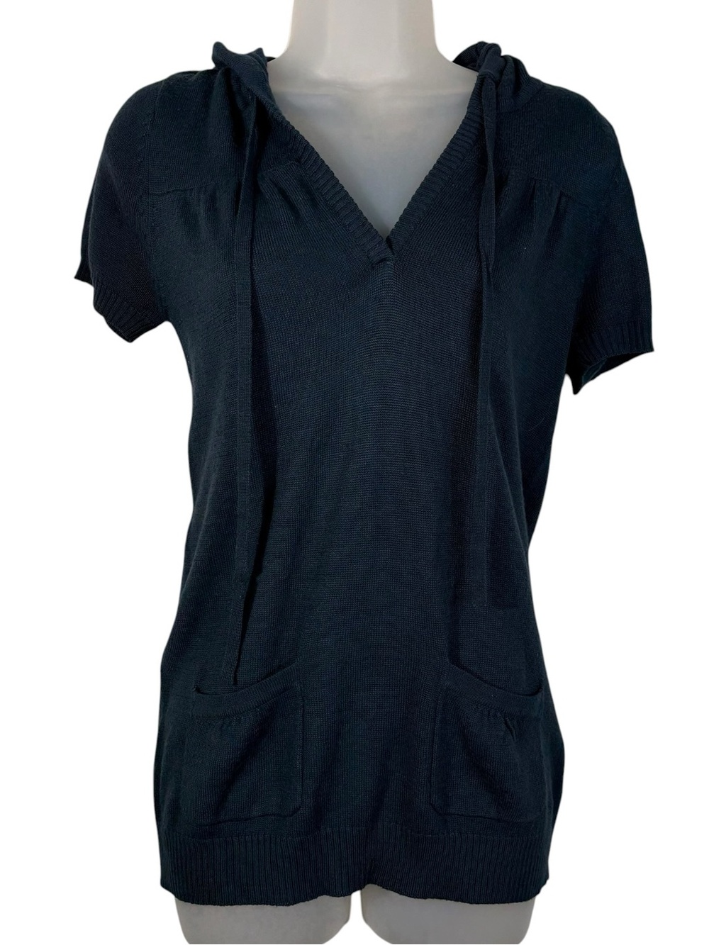 Vintage Y2K Navy Blue V-Neck Puff Sleeve Hooded Sweater Top Large Bella Swan L